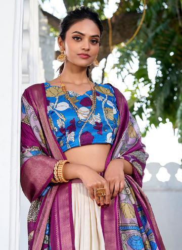 Dola Silk Kalamkari Printed Off White Lehenga Choli With Dupatta